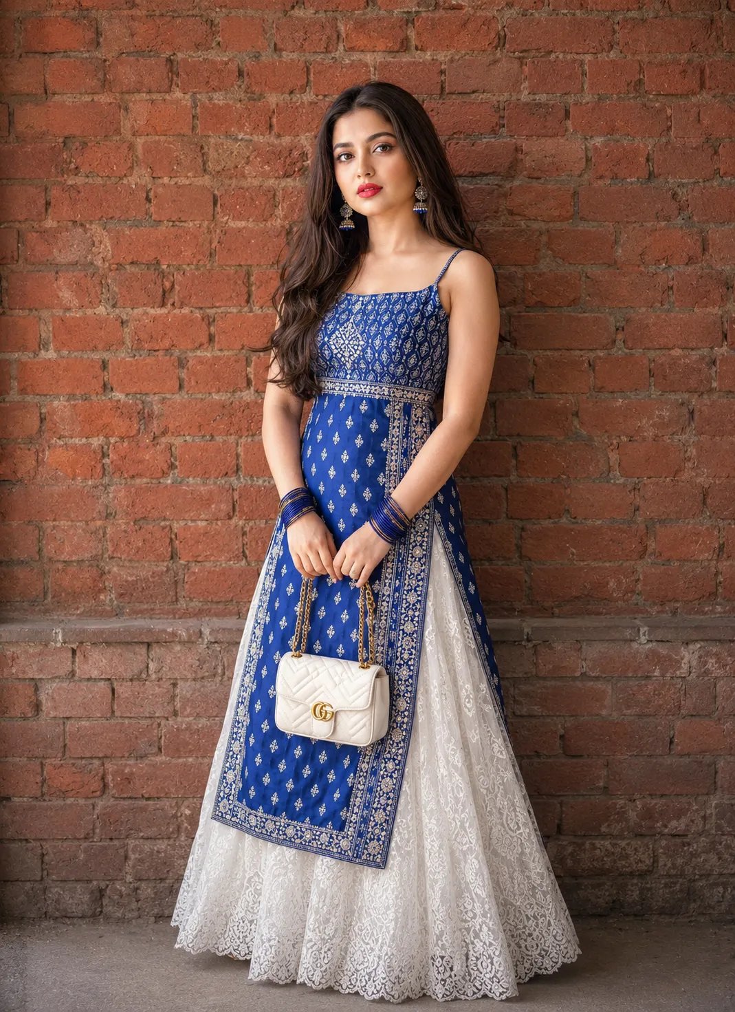 A high-quality,full-body cinematic portrait of a young Indian woman standing against a rustic red brick wall.She is wearing a modern