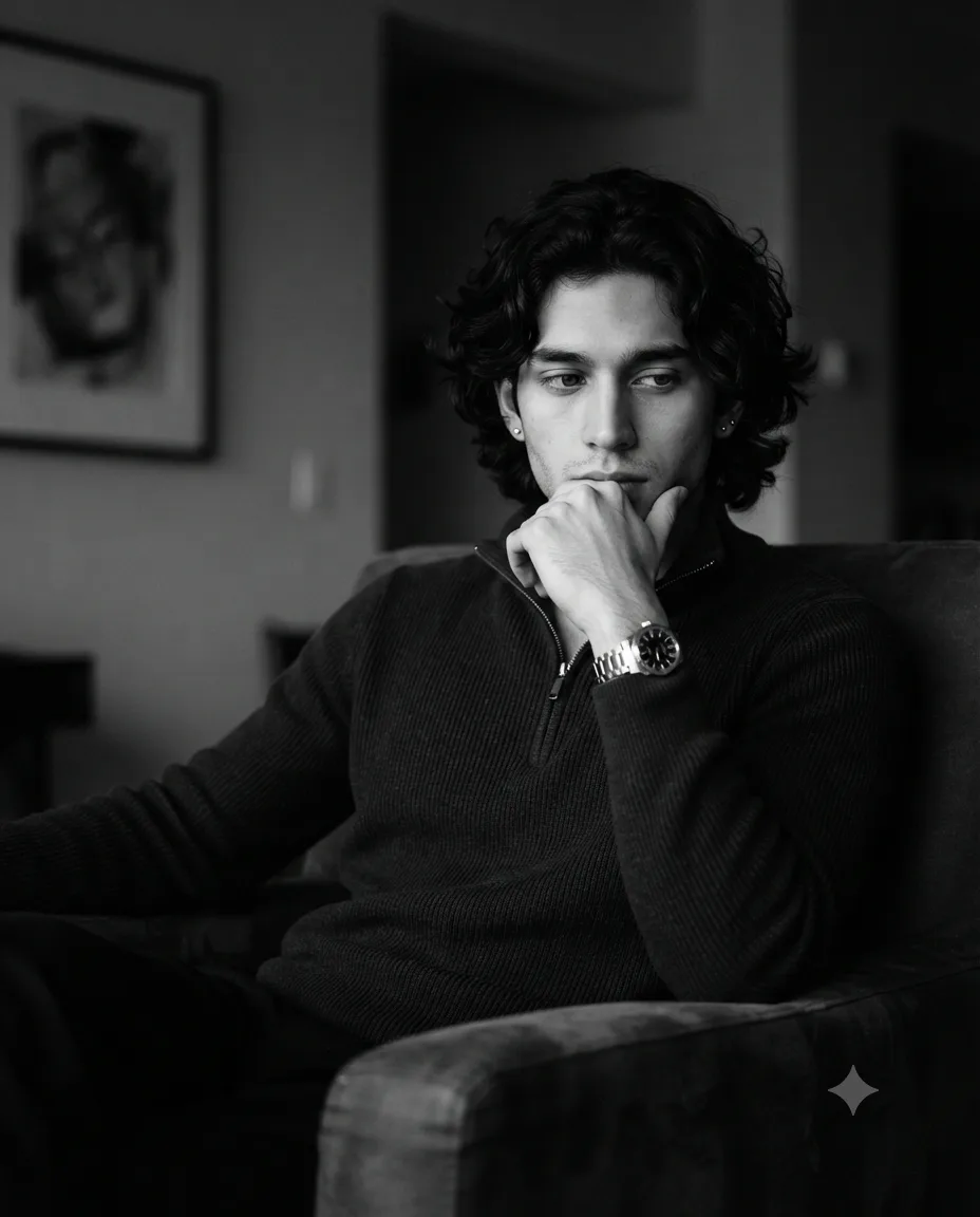 ULTRA-REALISTIC BLACK-AND-WHITE CINEMATIC PORTRAIT OF A YOUNG MAN SITTING CASUALLY IN A DARK ARMCHAIR INDOORS.
