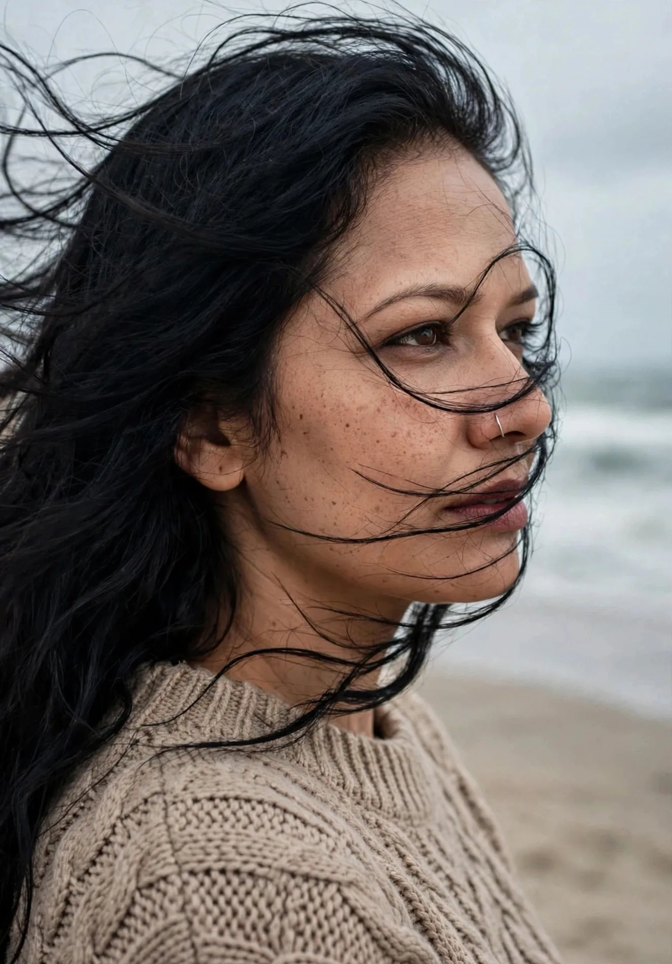 Create a photorealistic windy beach portrait exactly like reference: SUBJECT: Woman at beach with windblown hair across face, side profile