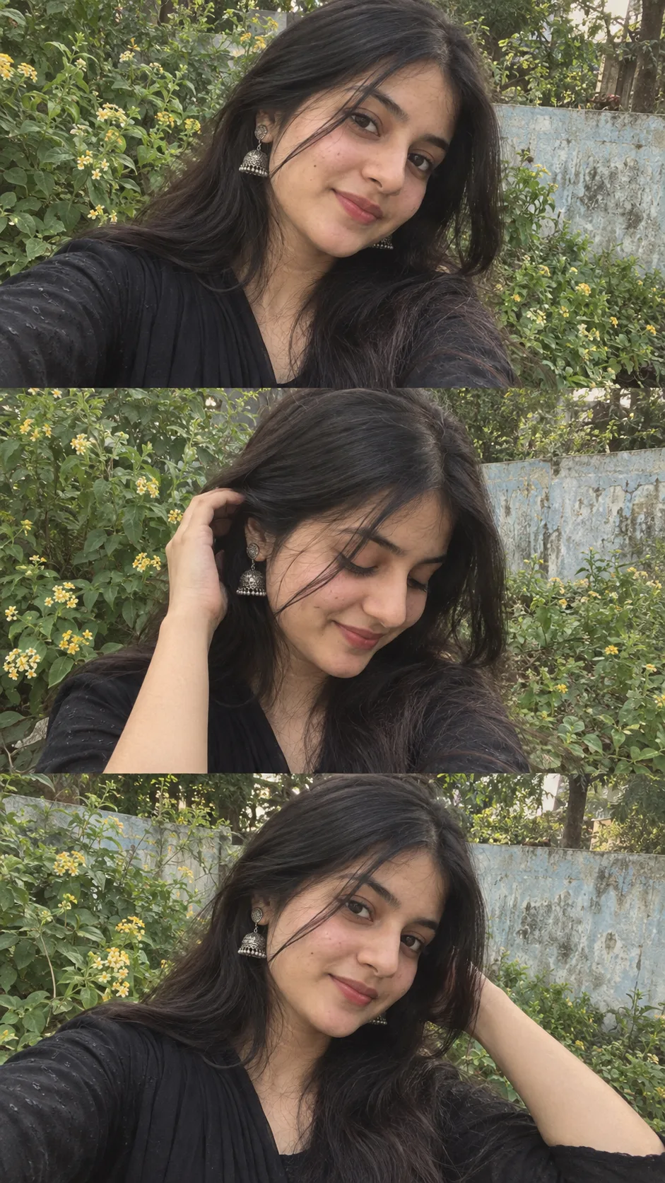 > Create a highly realistic vertical 9:16 vintage-style photo collage featuring the same young woman in three stacked candid outdoor selfie