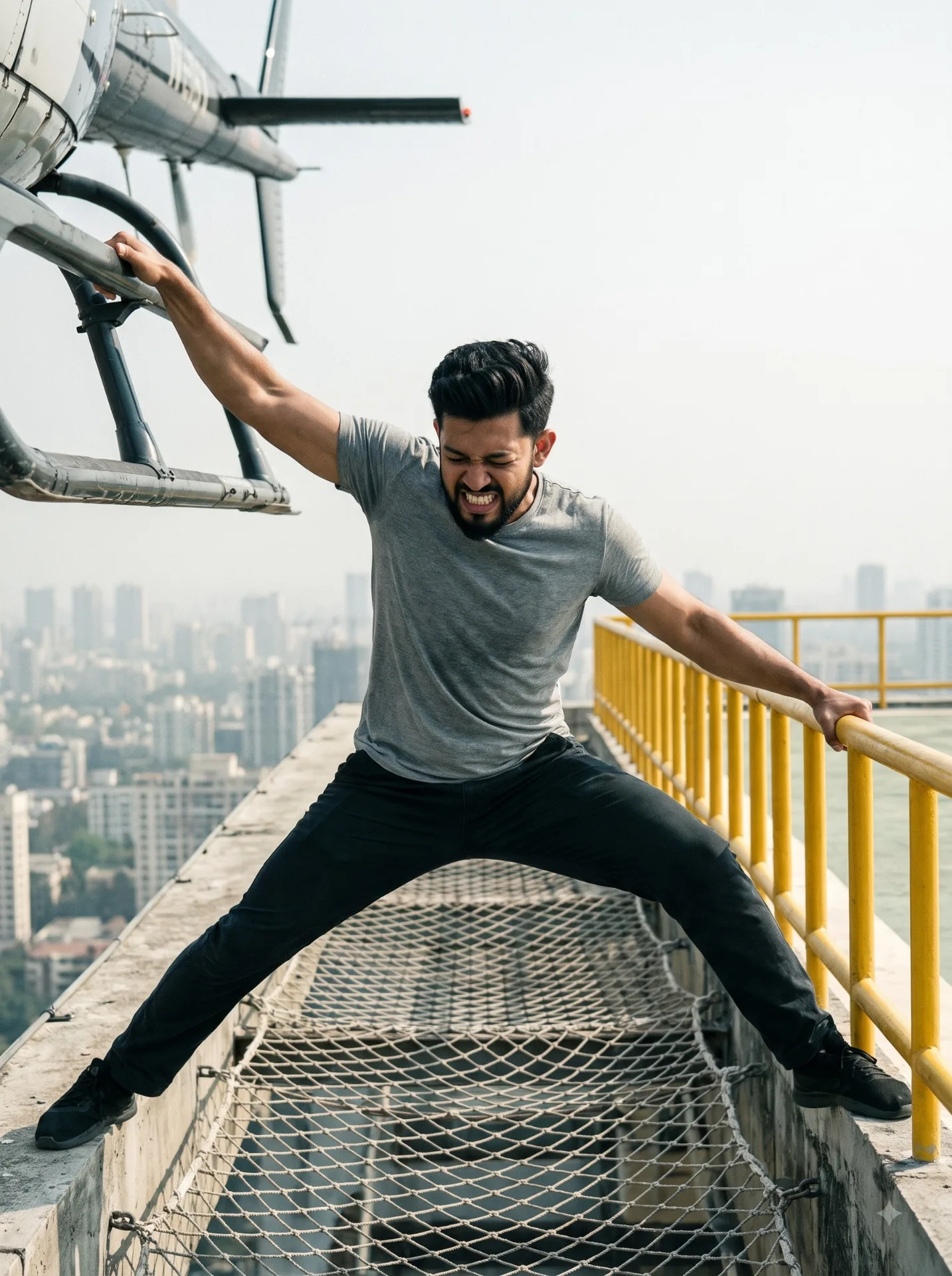 A medium shot depicts a muscular South Asian man in his thirties, portraying a superhero archetype, captured in a moment of intense