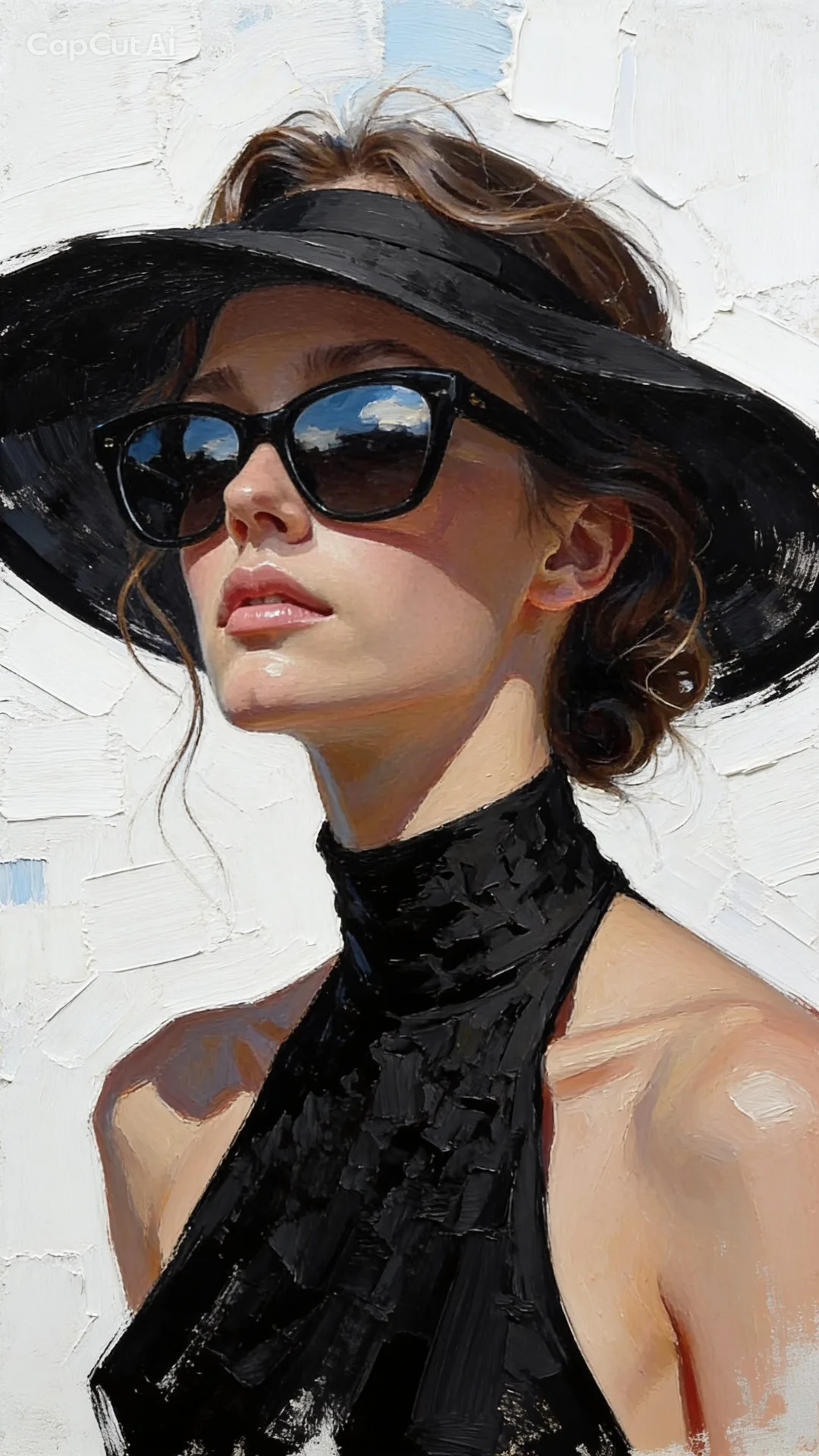 A high-fashion editorial mixed-media portrait of a chic woman, blending realistic facial features with bold abstract palette-knife impasto