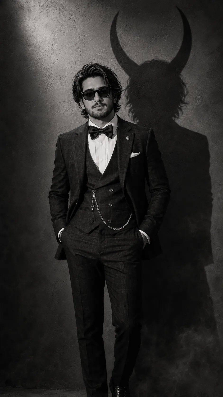 A highly cinematic **black-and-white luxury fashion portrait of a sophisticated young adult man**, photographed in a dramatic studio