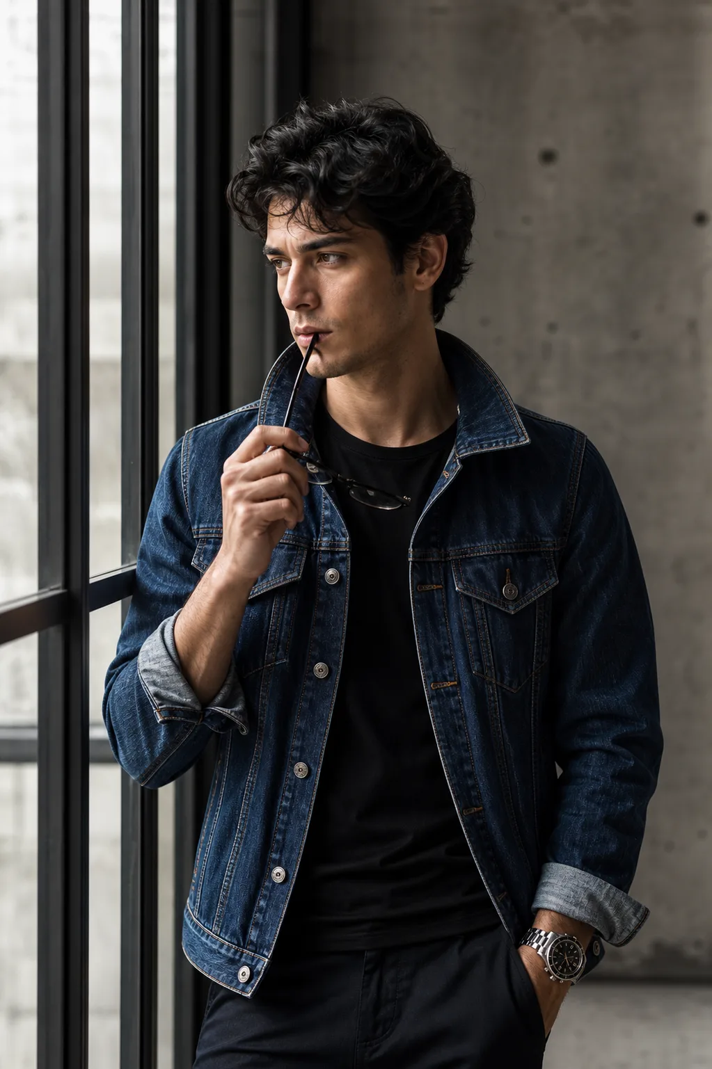 Create an ultra-realistic premium fashion editorial portrait of a young adult man standing beside a large industrial-style window inside a
