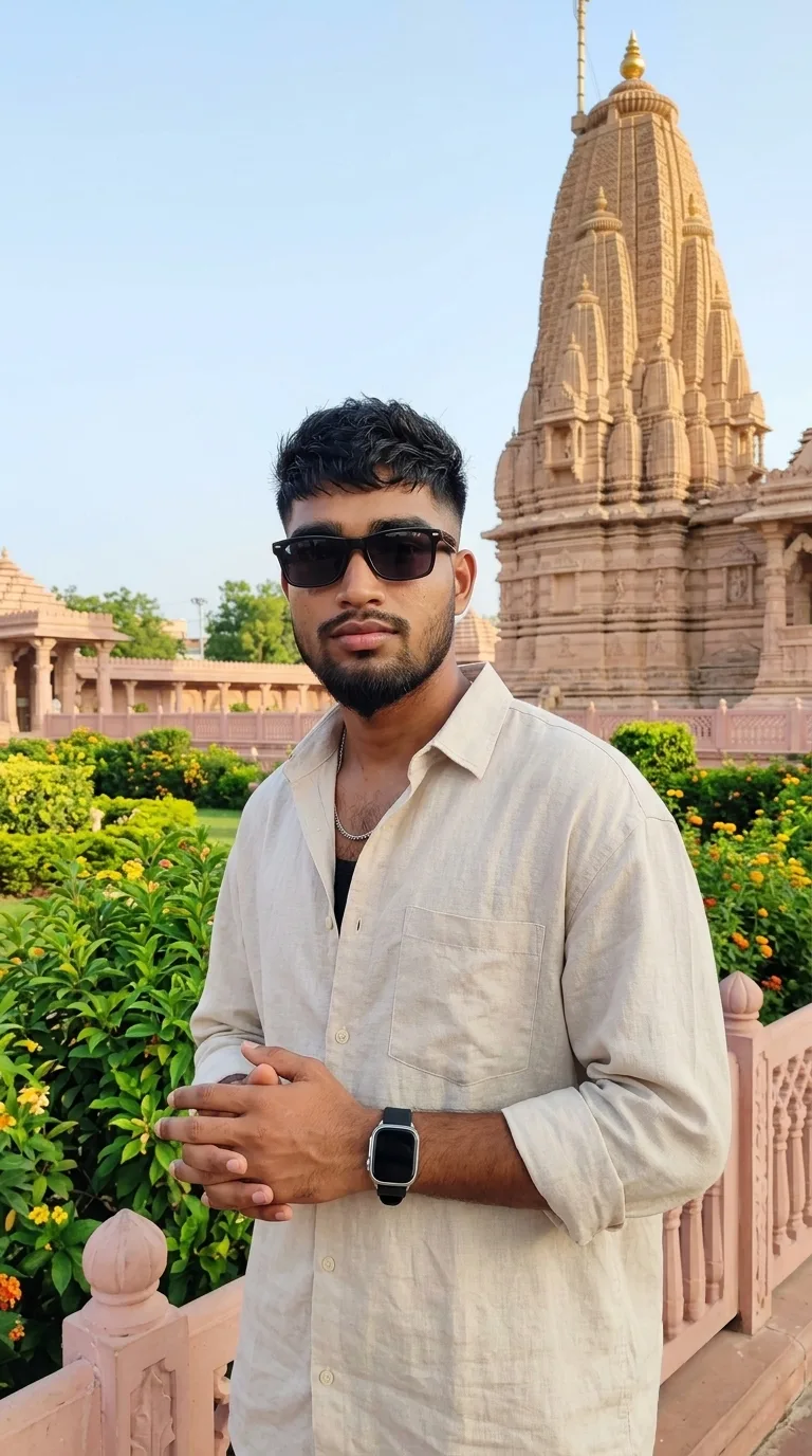 A photorealistic vertical portrait of the young South Asian man from the reference image, faithfully preserving his exact facial identity,