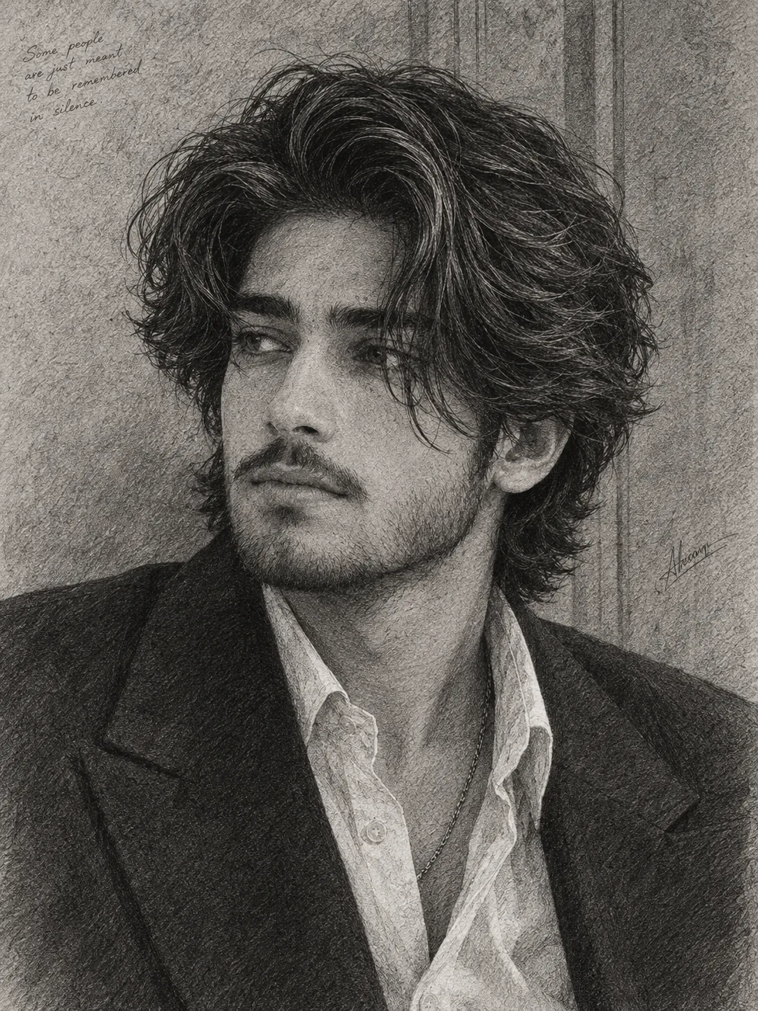 **A highly detailed graphite pencil portrait drawing of a handsome young adult man, shown from the chest up in a three-quarter profile,
