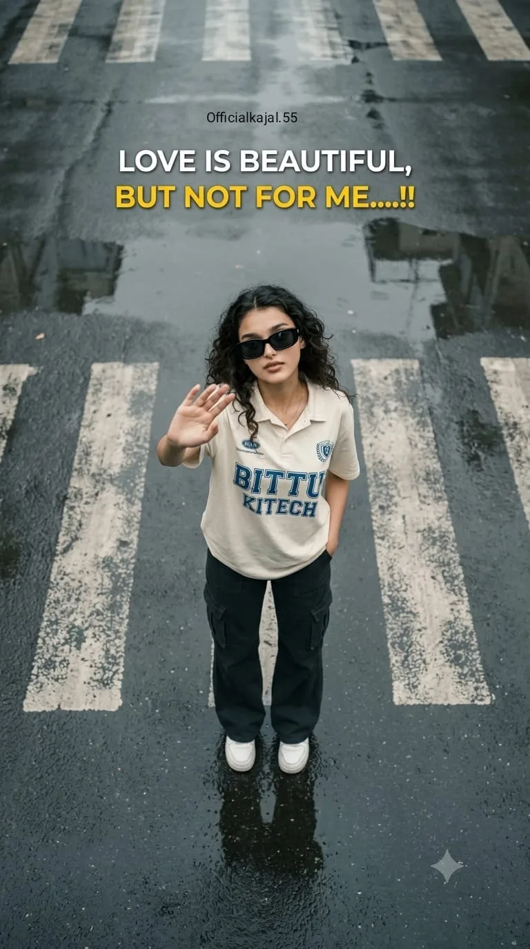 @Officialkajal.55 "RAINY STREET AESTHETIC POSE" STANDING ON WET ASPHALT CROSSWALK, ONE HAND RAISED TOWARD CAMERA IN A SUBTLE DISMISSIVE
