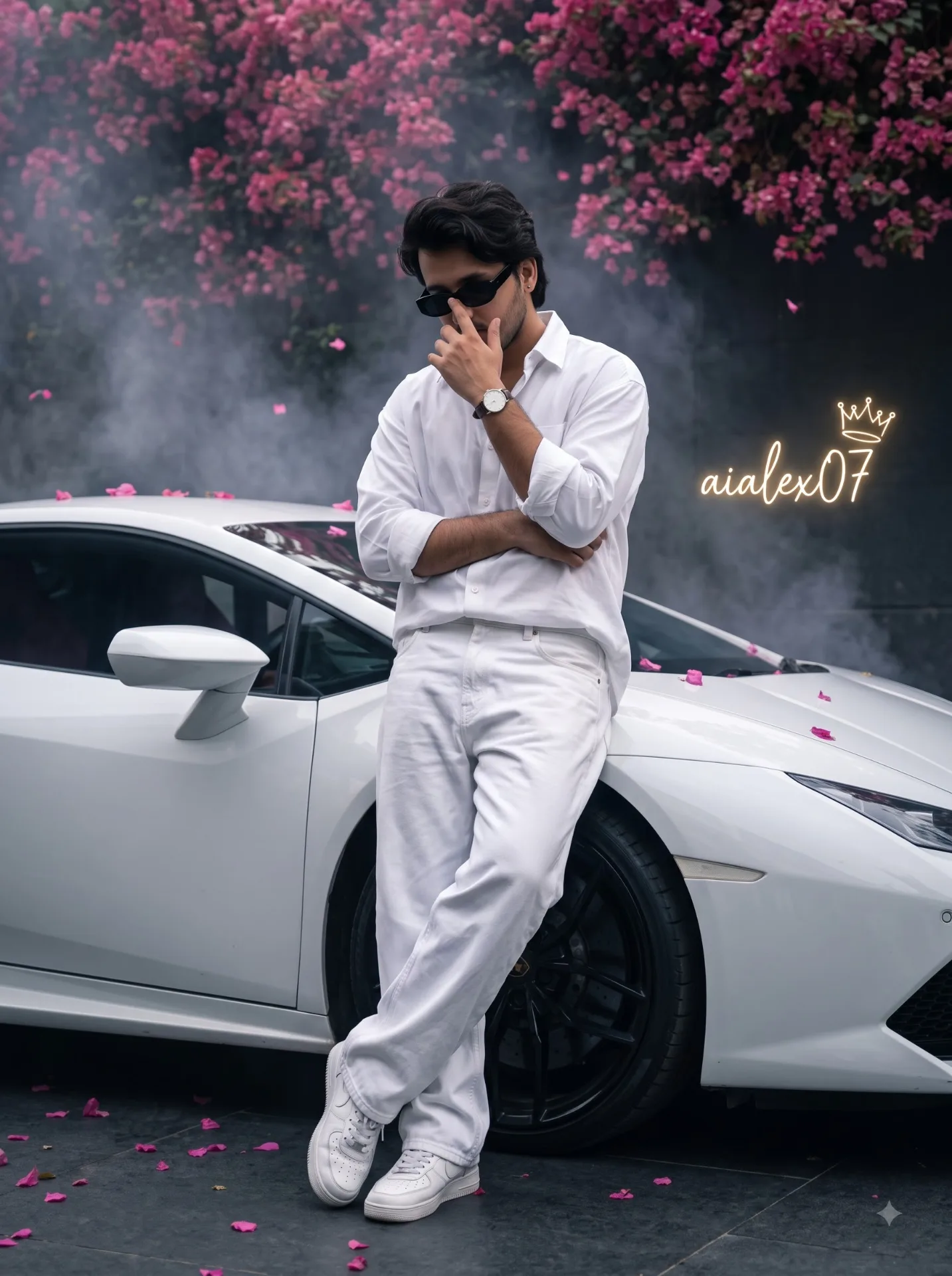 Ultra-realistic cinematic portrait of a young man leaning against a white luxury sports car, wearing an oversized white shirt, loose white