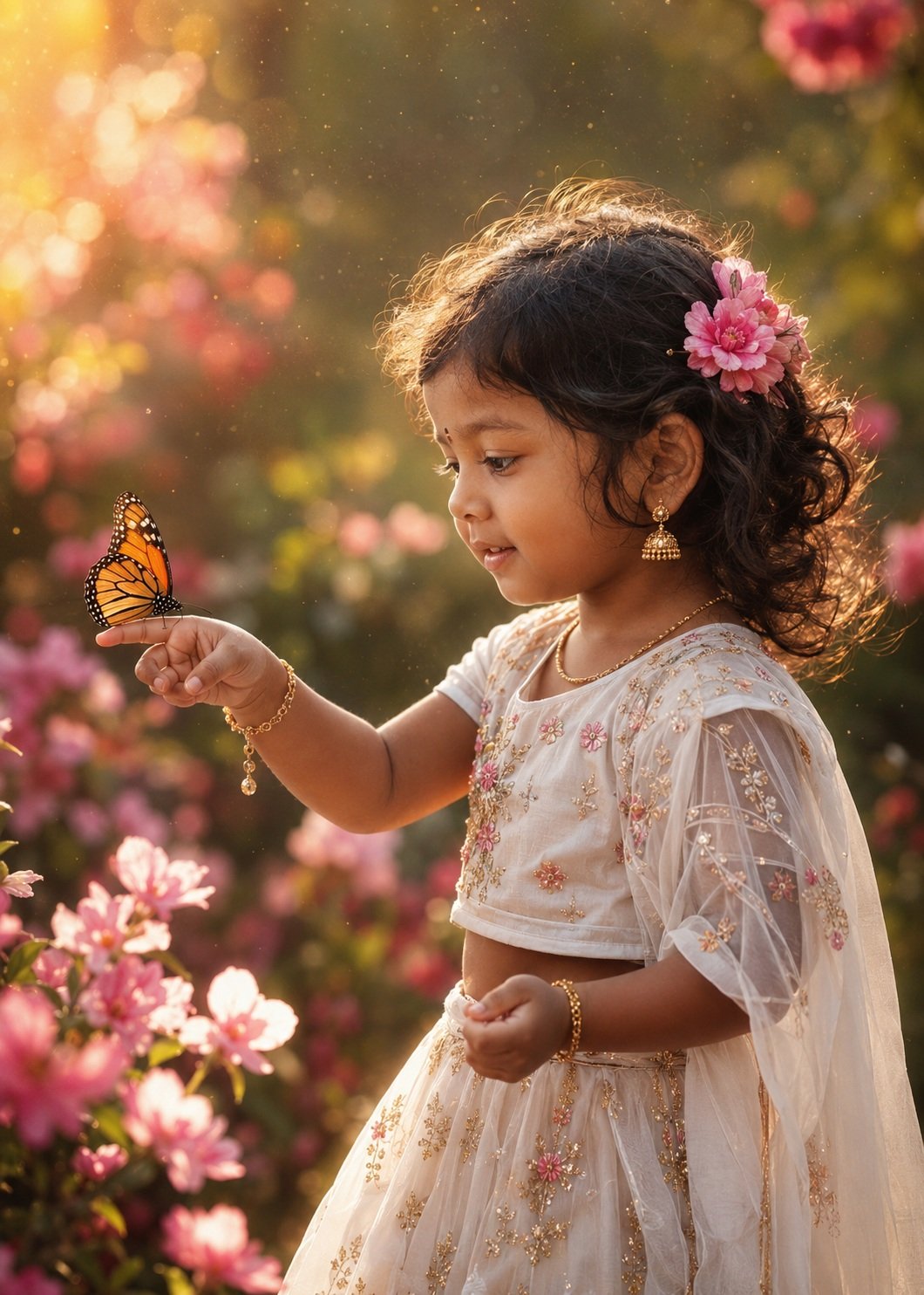 Ultra-realistic cinematic portrait of an adorable 3-year-old Indian little girl with soft curly black hair adorned with delicate pink