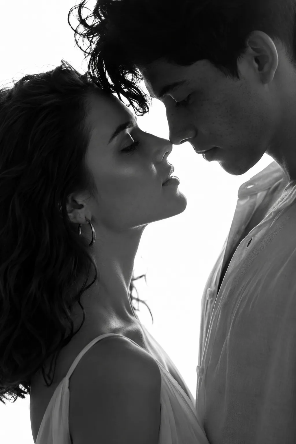 Without changing the facial features of above image man and woman, create Ultra- realistic black and white portrait of a romantic couple in