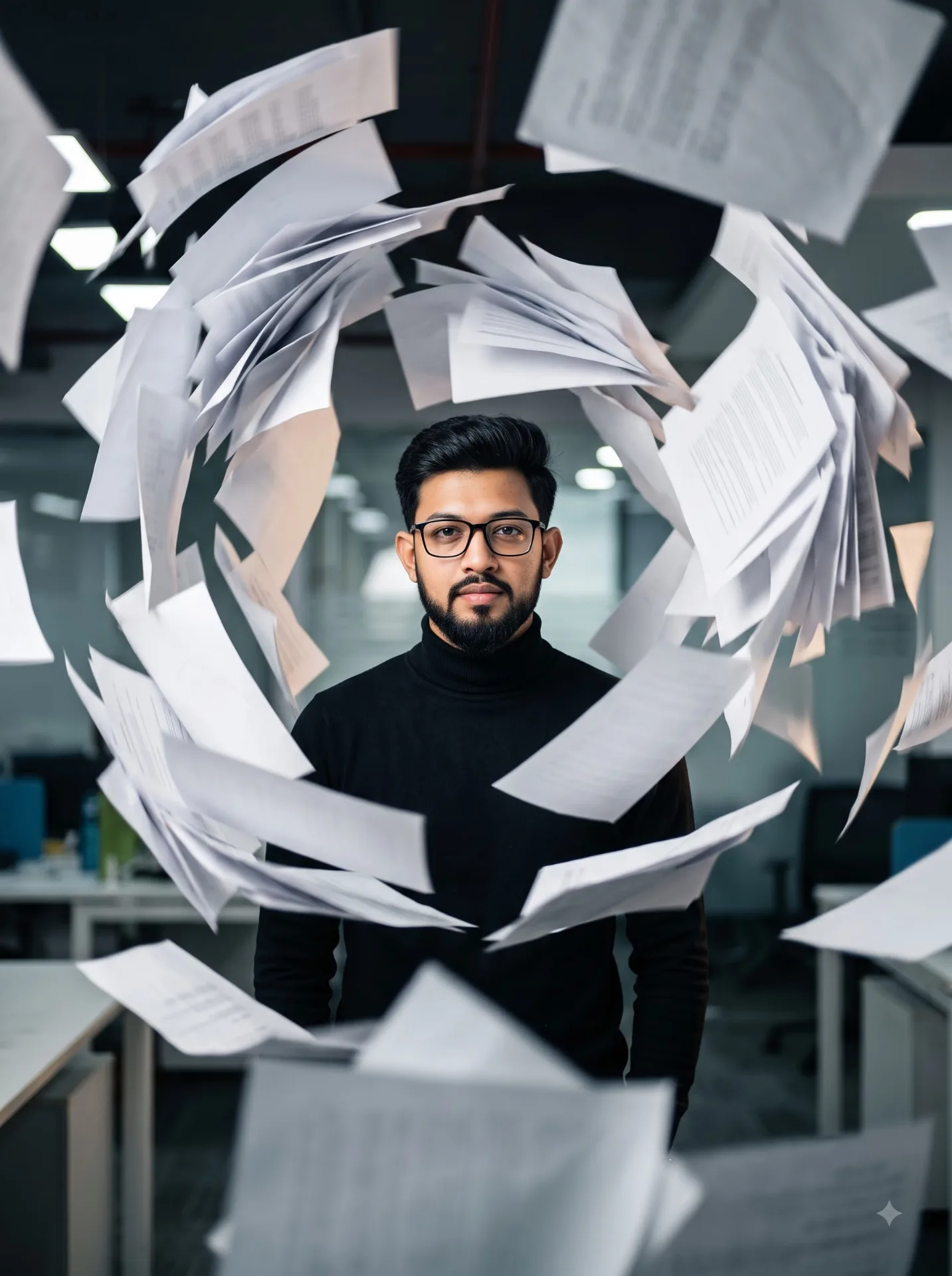 A dynamic, frozen-in-time scene where the uploaded face as reference is standing in the center of an office explosion of paperwork.