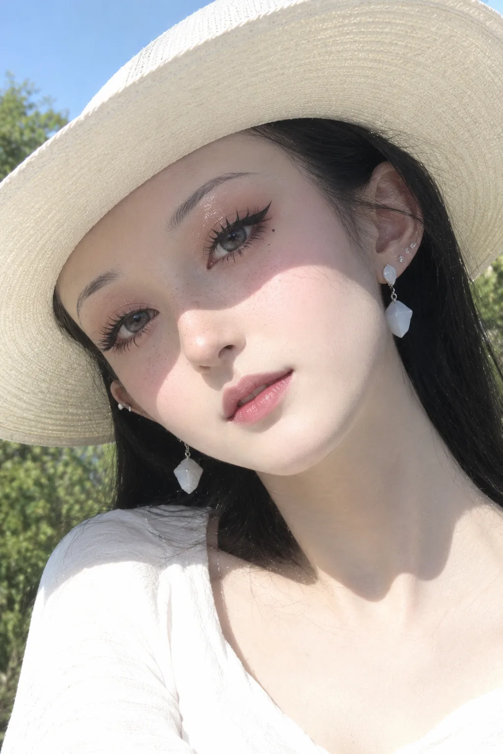 Ultra-realistic high-resolution close-up portrait of a young woman outdoors in bright natural sunlight.