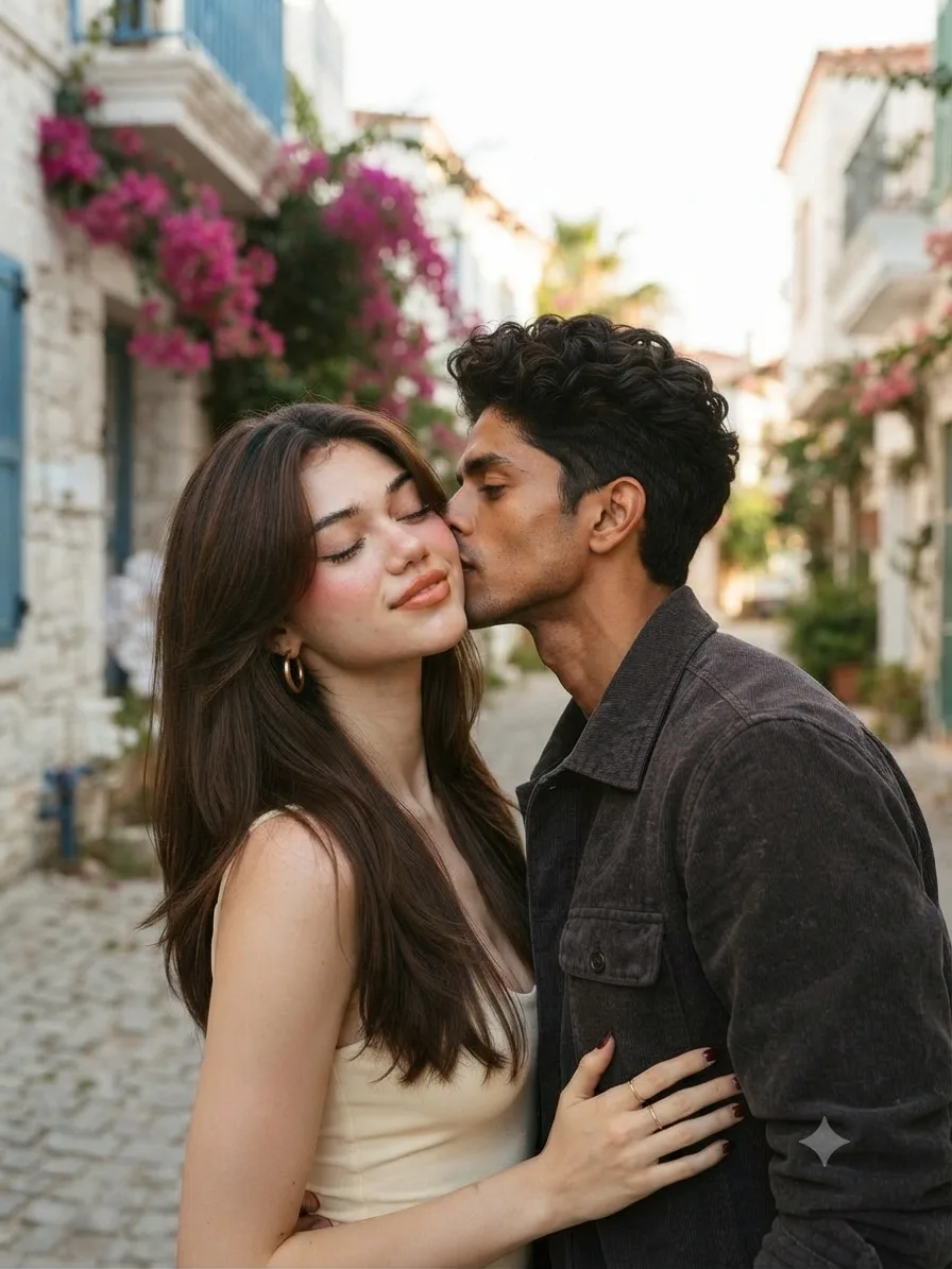 Here is a detailed prompt to recreate the image: "A medium close-up photograph of a young, affectionate couple on a charming, cobblestone