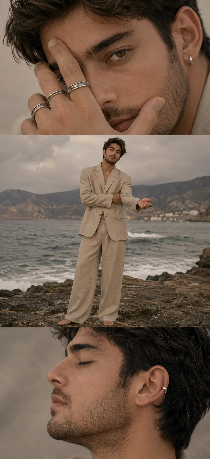 Create a cinematic three-panel editorial fashion photography collage featuring a handsome young man with short dark slightly tousled hair,