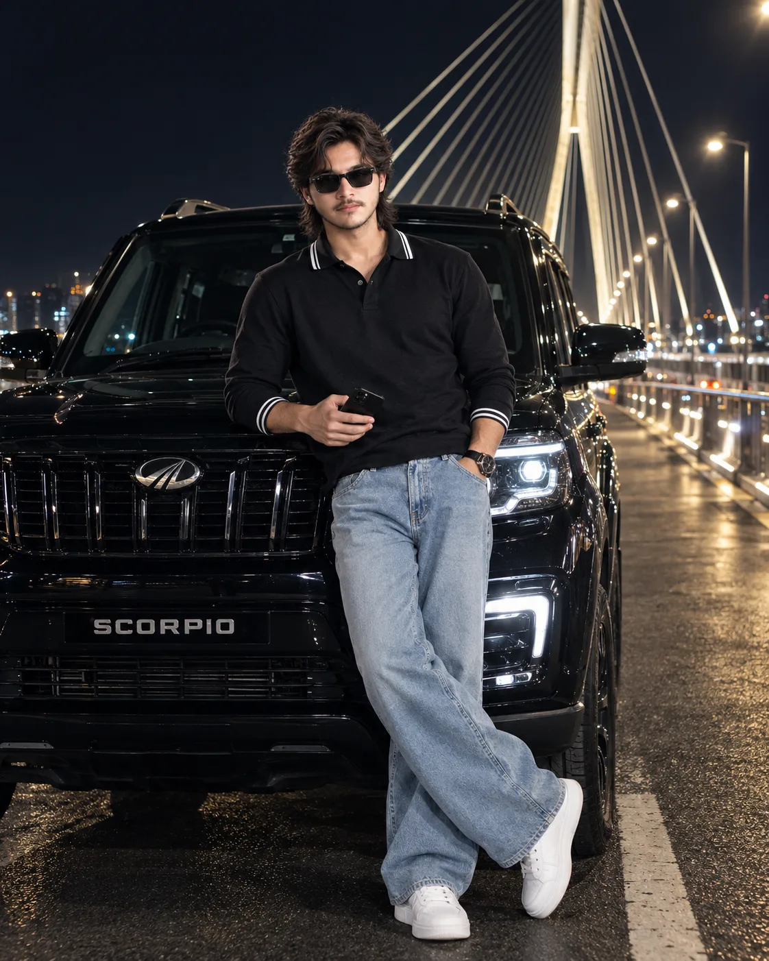 > Create an **ultra-realistic cinematic nighttime portrait** of a stylish young South Asian man standing confidently in front of a **glossy