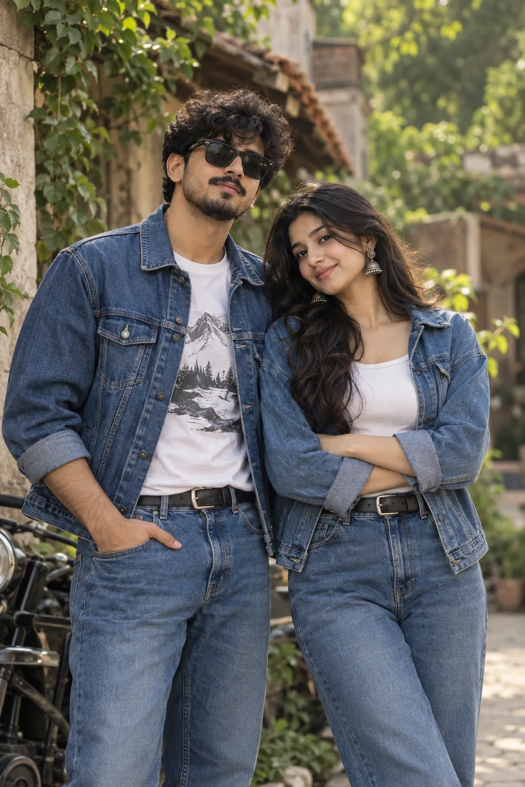 Cinematic, vintage-inspired, realistic portrait of a stylish young couple standing together outdoors in natural daylight, replicating the