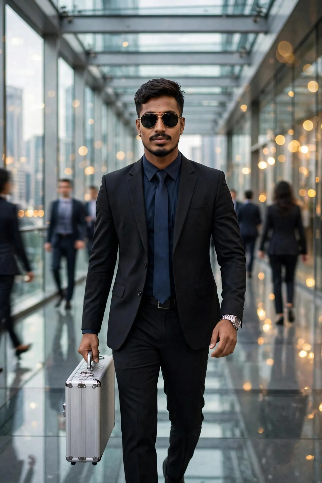 A handsome young Indian businessman walking confidently towards camera in a modern glass skywalk corridor, wearing a tailored black