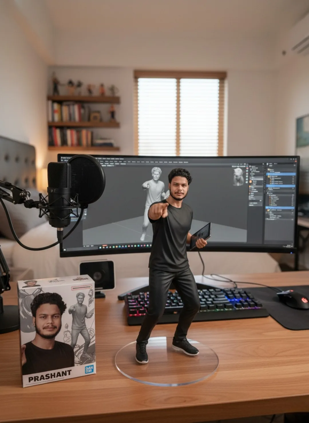 Photorealistic image of a modern home office desk setup featuring a highly detailed 1/7 scale Bandai-style PVC action figure of a young