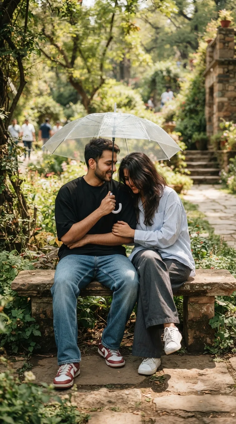 Create an ultra-realistic cinematic vertical 9:16 DSLR-quality candid photograph of a young Indian couple sitting closely together on a