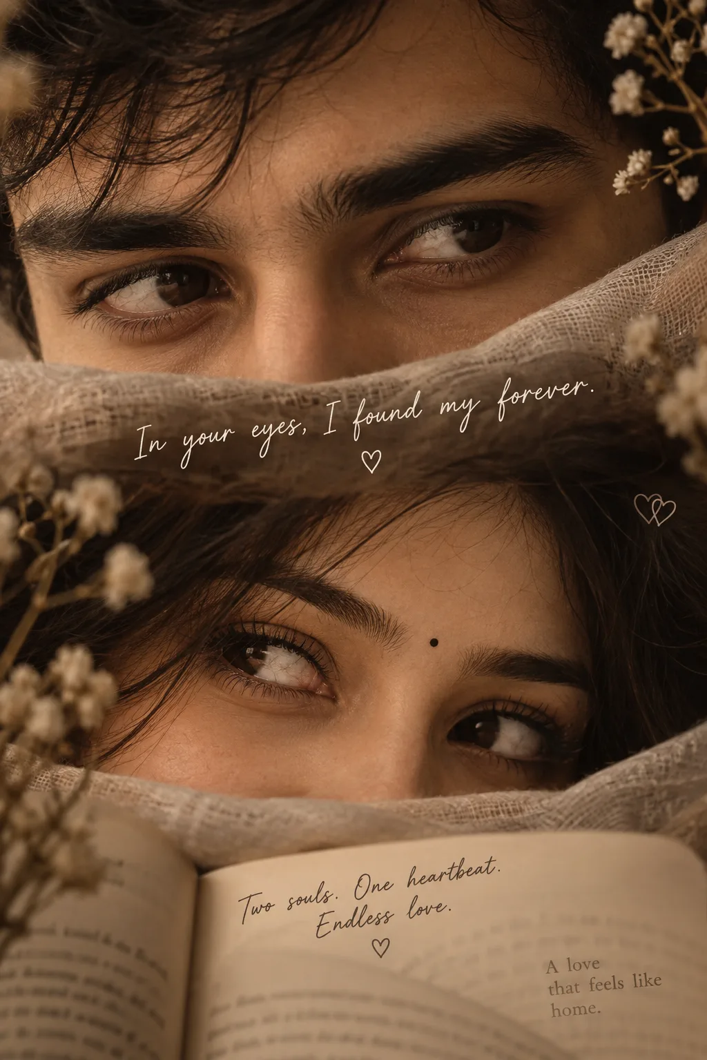 MOST TRENDING PROMPT Extreme close-up double-crop of BKT couple's eyes only, layered composition - his eyes above, hers below, both looking