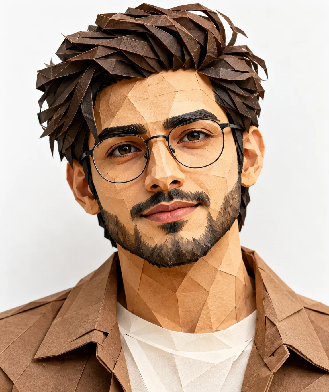 Ultra-detailed HD digital papercraft portrait of a young man, geometric low-poly paper sculpture style, layered folded paper shapes forming
