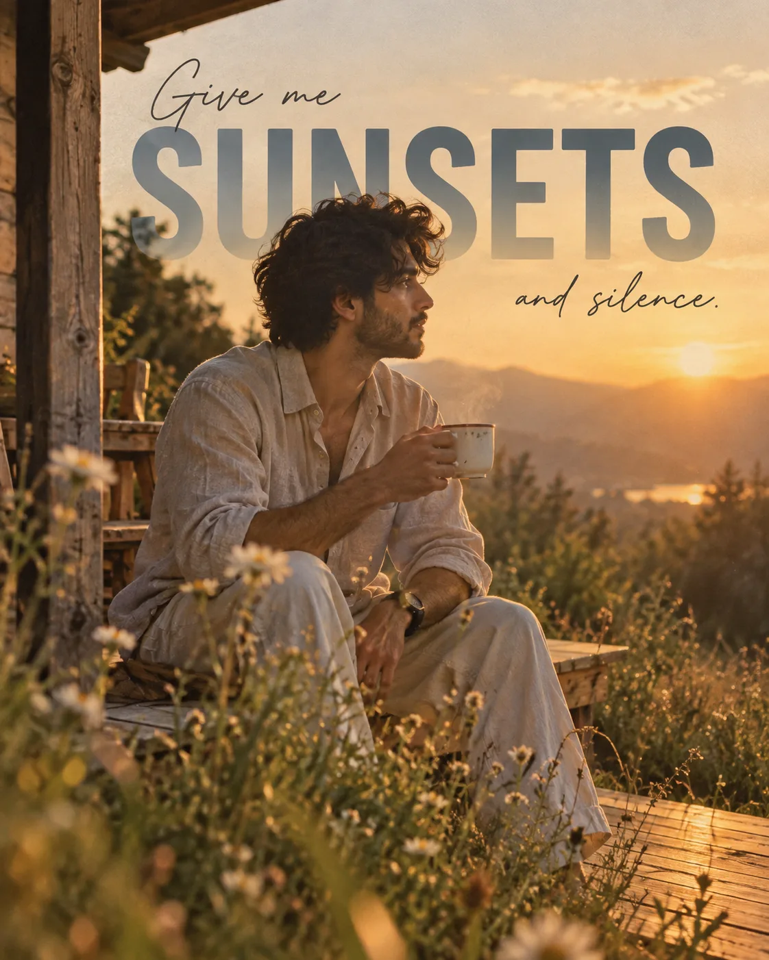 five me Warm candid lifestyle photograph of a young man in a soft beige linen shirt sitting on a wooden porch at golden hour, gently