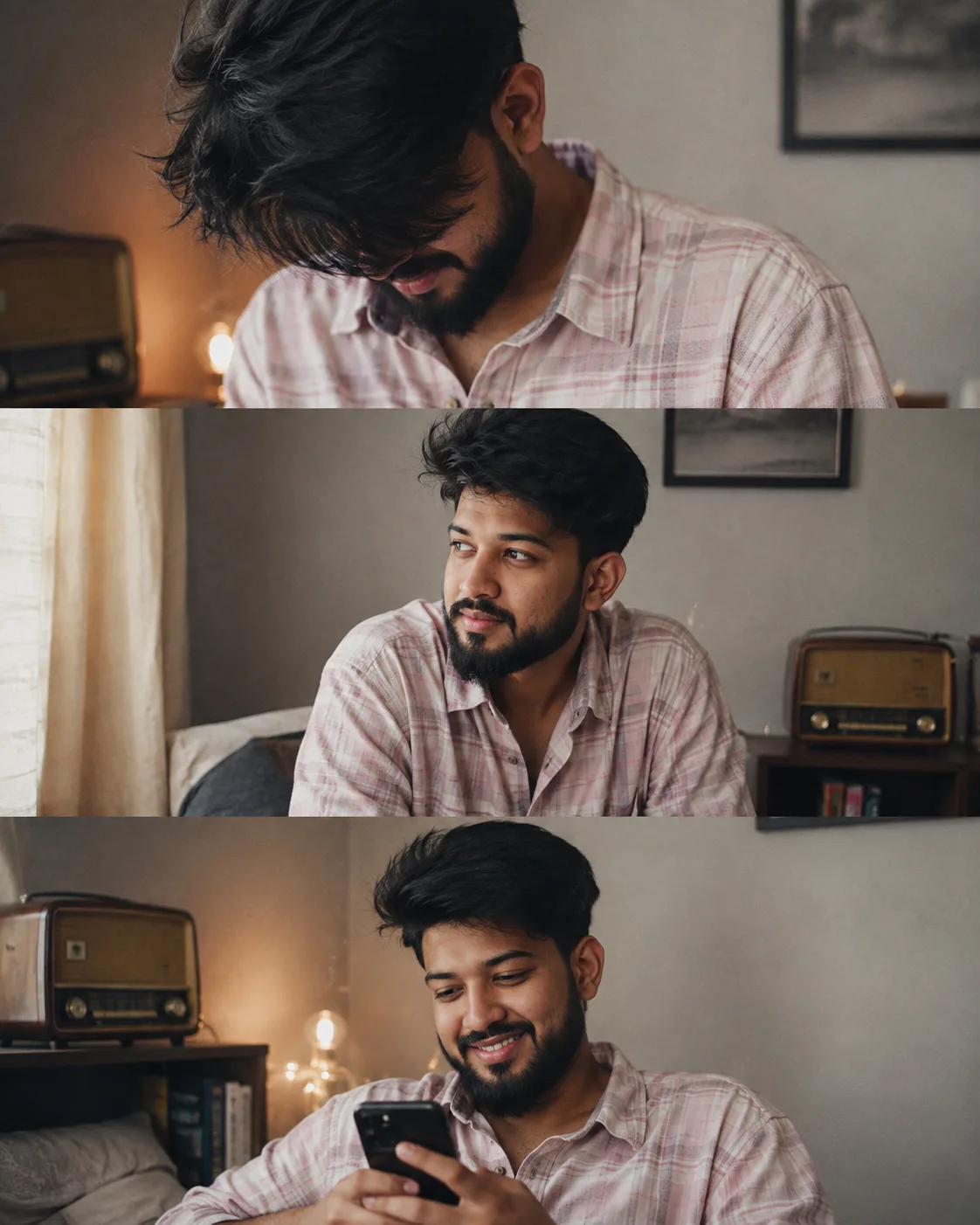 Ultra-realistic 4K vertical 4:5 three-panel indoor collage of a young man my face in an oversized light pink-white plaid shirt.