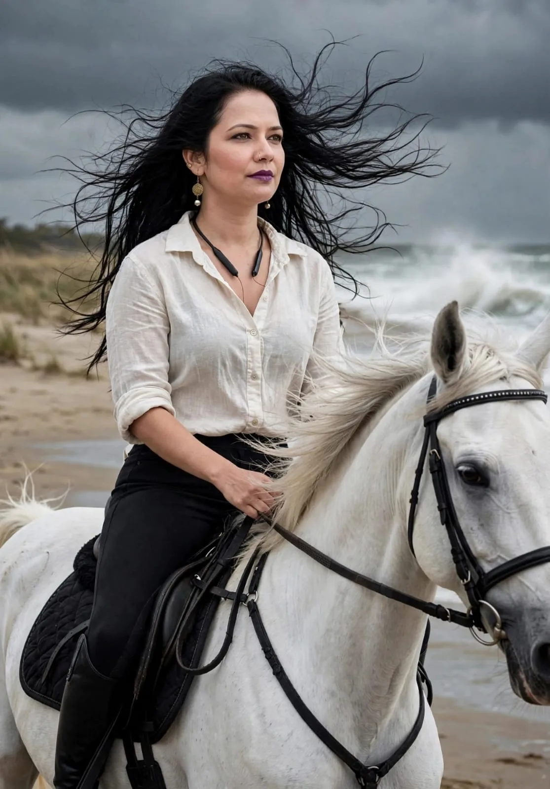 Photorealistic cinematic portrait of a South Asian woman in her 30s riding a majestic white horse on a stormy beach, side angle medium
