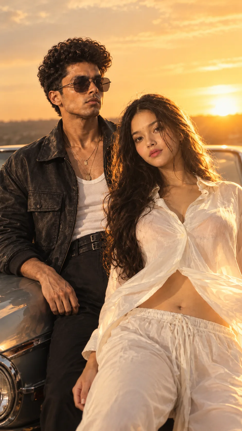 Prompt: > Ultra-realistic cinematic golden-hour couple portrait, vertical 9:16.