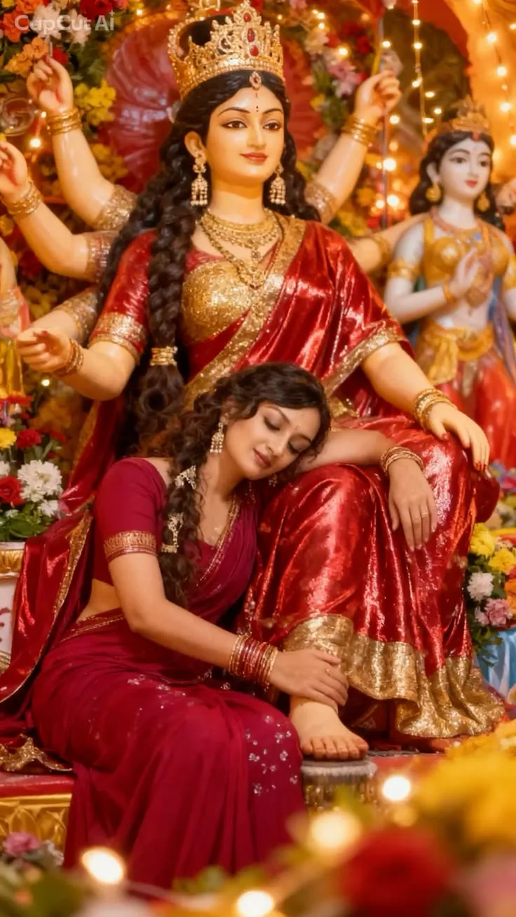 Create a highly detailed, photorealistic devotional portrait of Goddess Durga seated majestically in a grand temple setting, wearing a