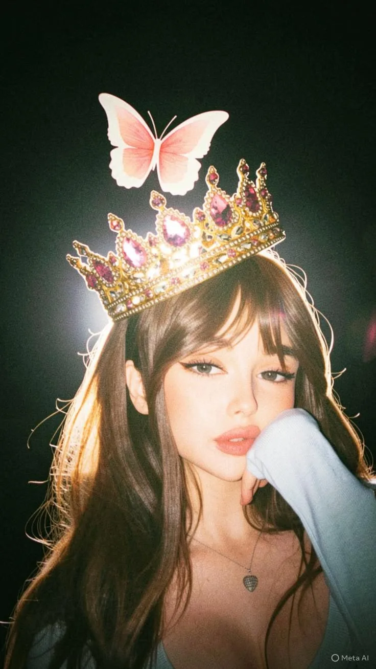 Create an ultra-realistic dreamy close-up portrait of a young woman wearing an extravagant golden jeweled princess crown decorated with