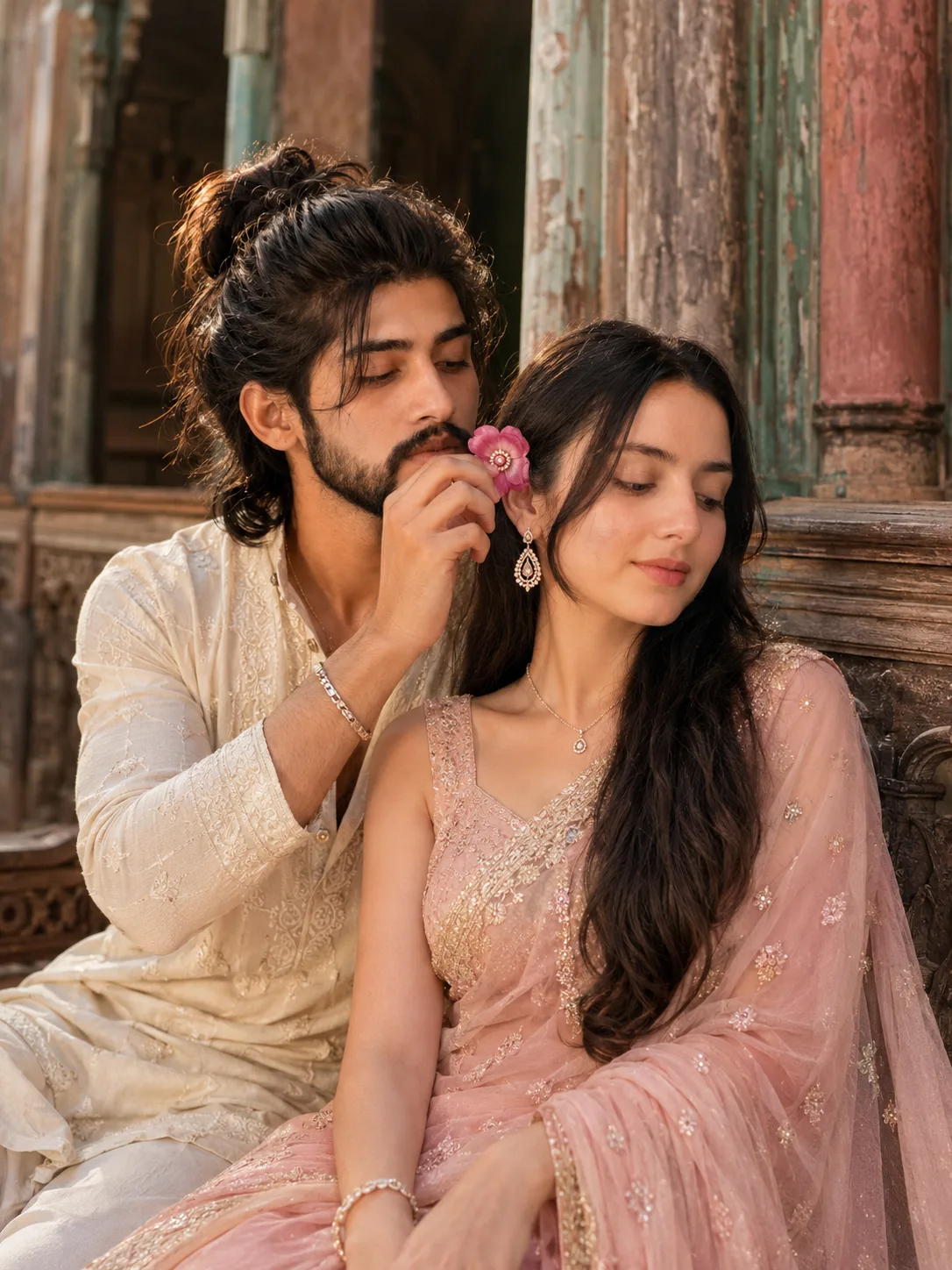 : A close-up, romantic portrait of a young couple on an old, weathered wooden balcony in South Asia, possibly in a historic haveli.