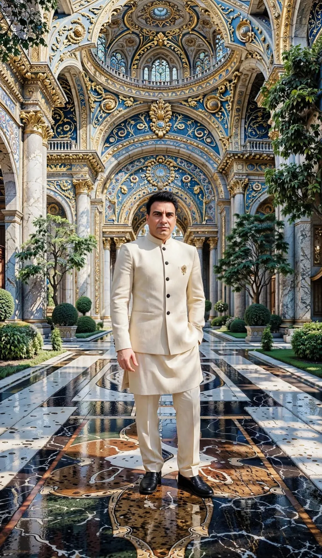 A man in a cream bandhgala Jodhpuri suit with black buttons and a gold brooch, standing in the center of a luxurious royal palace corridor,