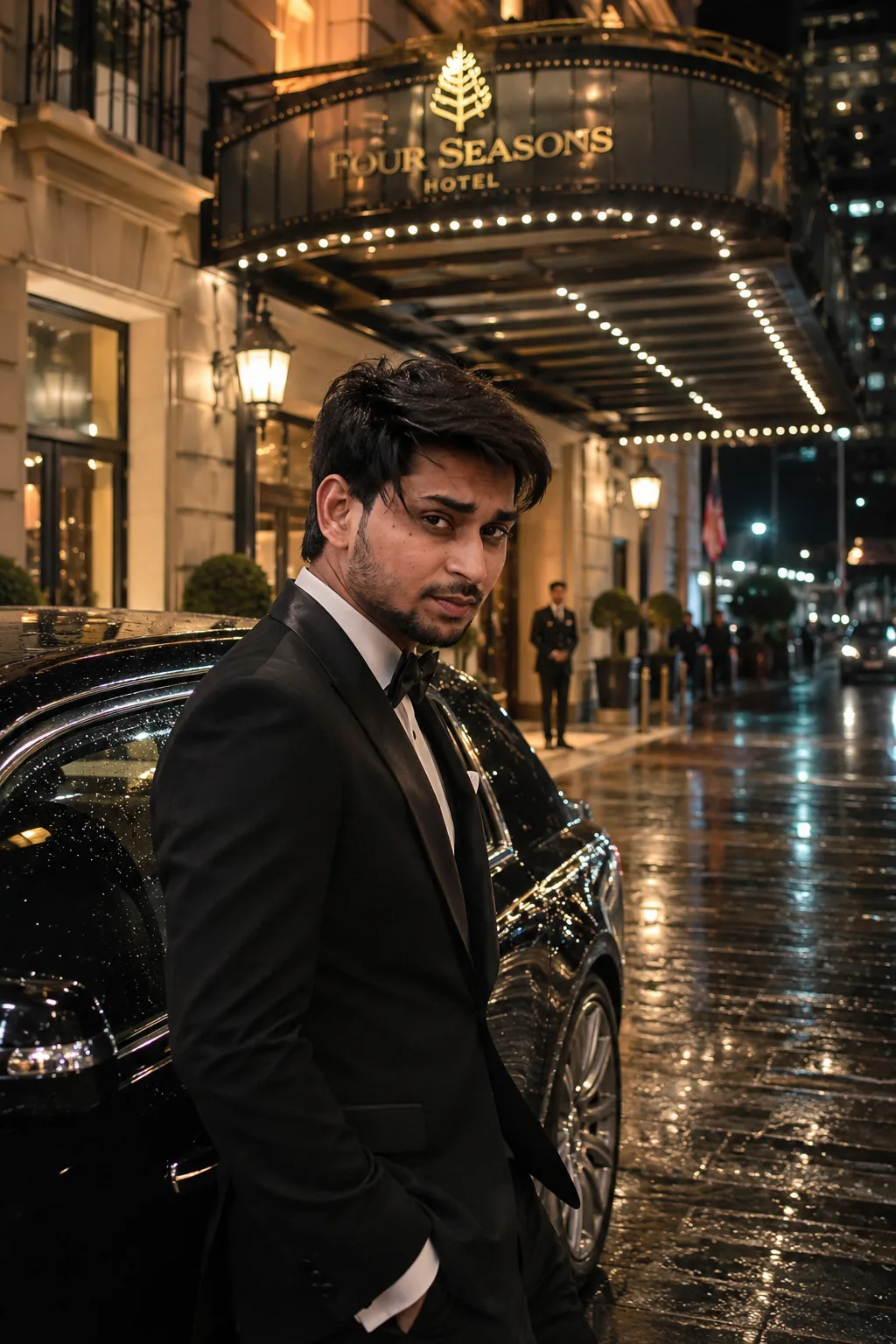 The Black Tie Billionaire Create an ultra-realistic cinematic fashion portrait of a wealthy young man in an impeccably fitted black tuxedo