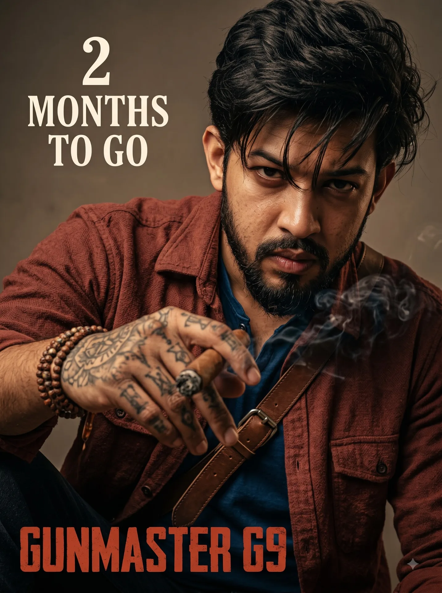 Create an ultra-realistic cinematic Indian action-film poster, vertical 4:5 composition, 8K photorealistic quality.