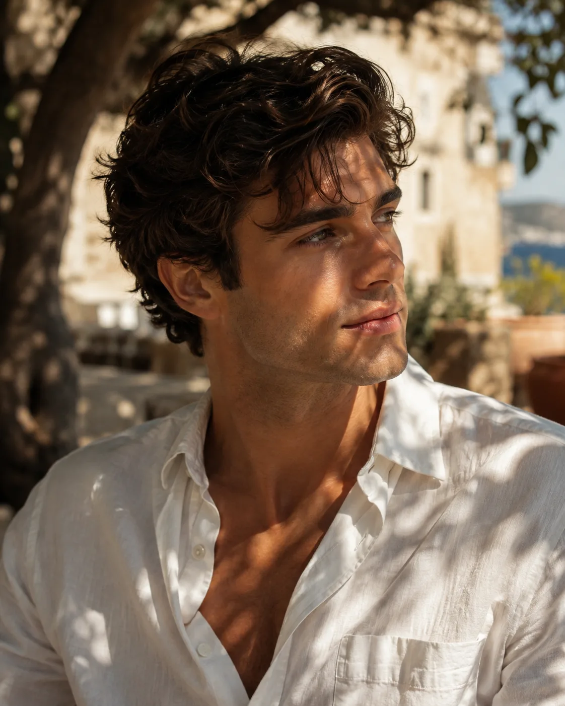 Create an ultra-realistic, high-end editorial portrait of a young adult man photographed outdoors in a sophisticated European/Italian