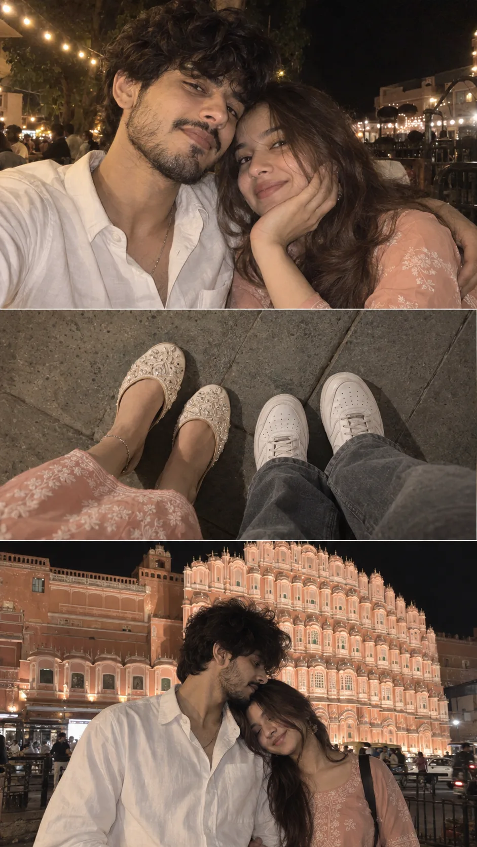 Create 3-panel vertical collage, top panel: close-up night selfie of a couple, boy in curly bedhead hair with light stubble wearing a white