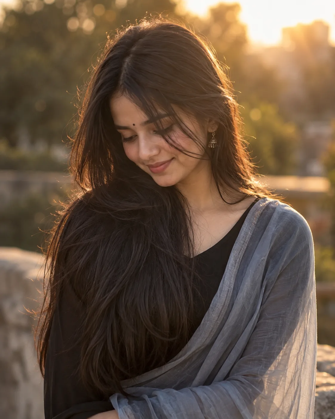 A candid portrait of a South Asian woman with long, straight dark hair flowing down her shoulders.