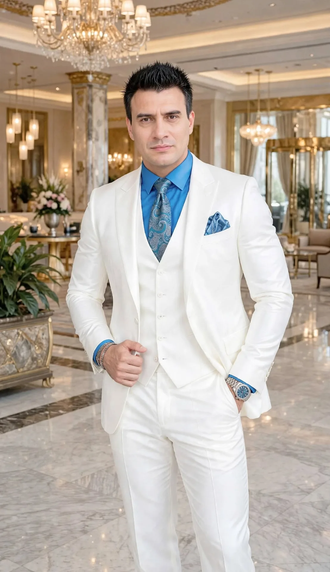 Ultra HD, 8K, crystal clear, sharp focus, photorealistic portrait of the same man from reference image, wearing a white three-piece
