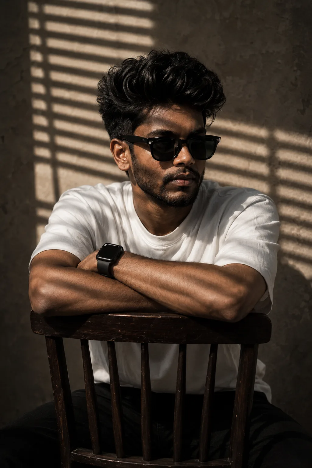 A high-resolution, cinematic portrait of a young man with messy, voluminous dark hair and a well-groomed beard.