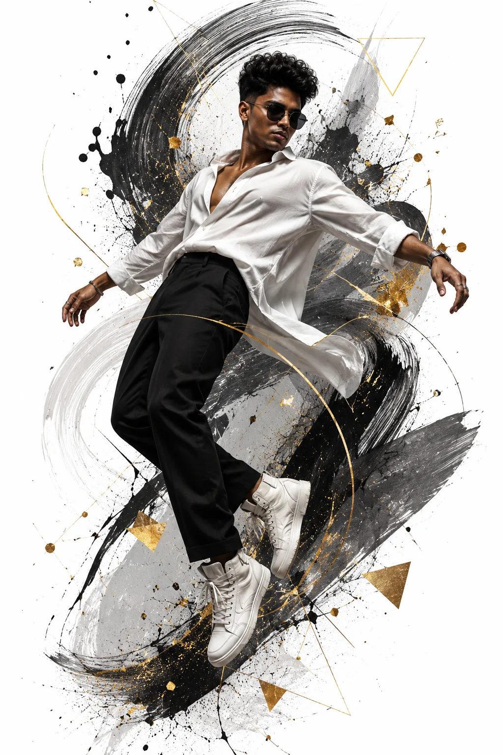Create a high-fashion editorial fashion poster featuring a young male model captured in a dynamic, weightless mid-air pose, leaning