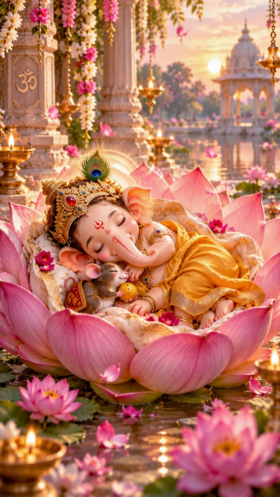Create a premium ultra-detailed 3D CGI devotional artwork of Baby Lord Ganesha peacefully sleeping inside a giant blooming pink lotus in a