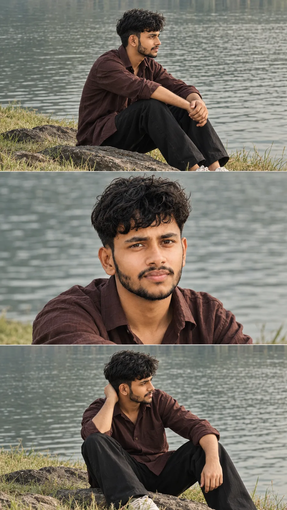 Ultra-realistic professional DSLR photograph presented as a three-panel vertical cinematic portrait collage of a slim young South Asian man