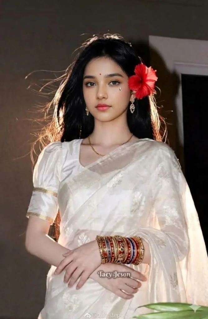 Portrait of a Windswept Beauty in Traditional White Saree