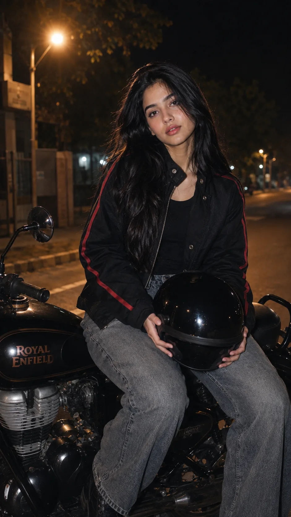 Analyze the uploaded reference image to capture the exact facial features, long flowing black hair, and identity of the girl.