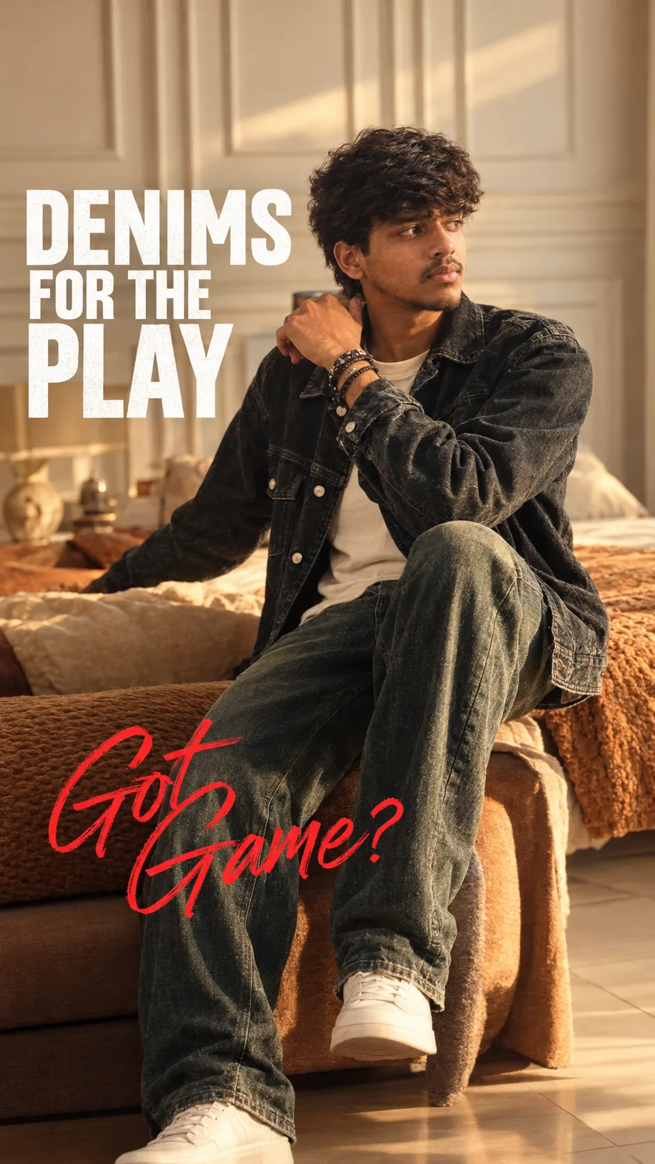Ultra-realistic cinematic fashion editorial photograph of a stylish young South Asian man sitting casually on the edge of a bed in a warm,