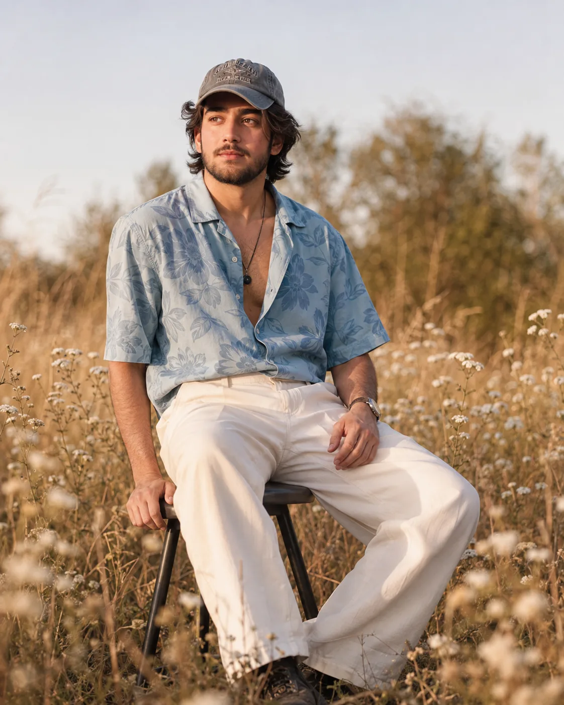 Ultra-realistic editorial fashion photograph of a stylish young man sitting casually on a small dark stool in the middle of a wild meadow