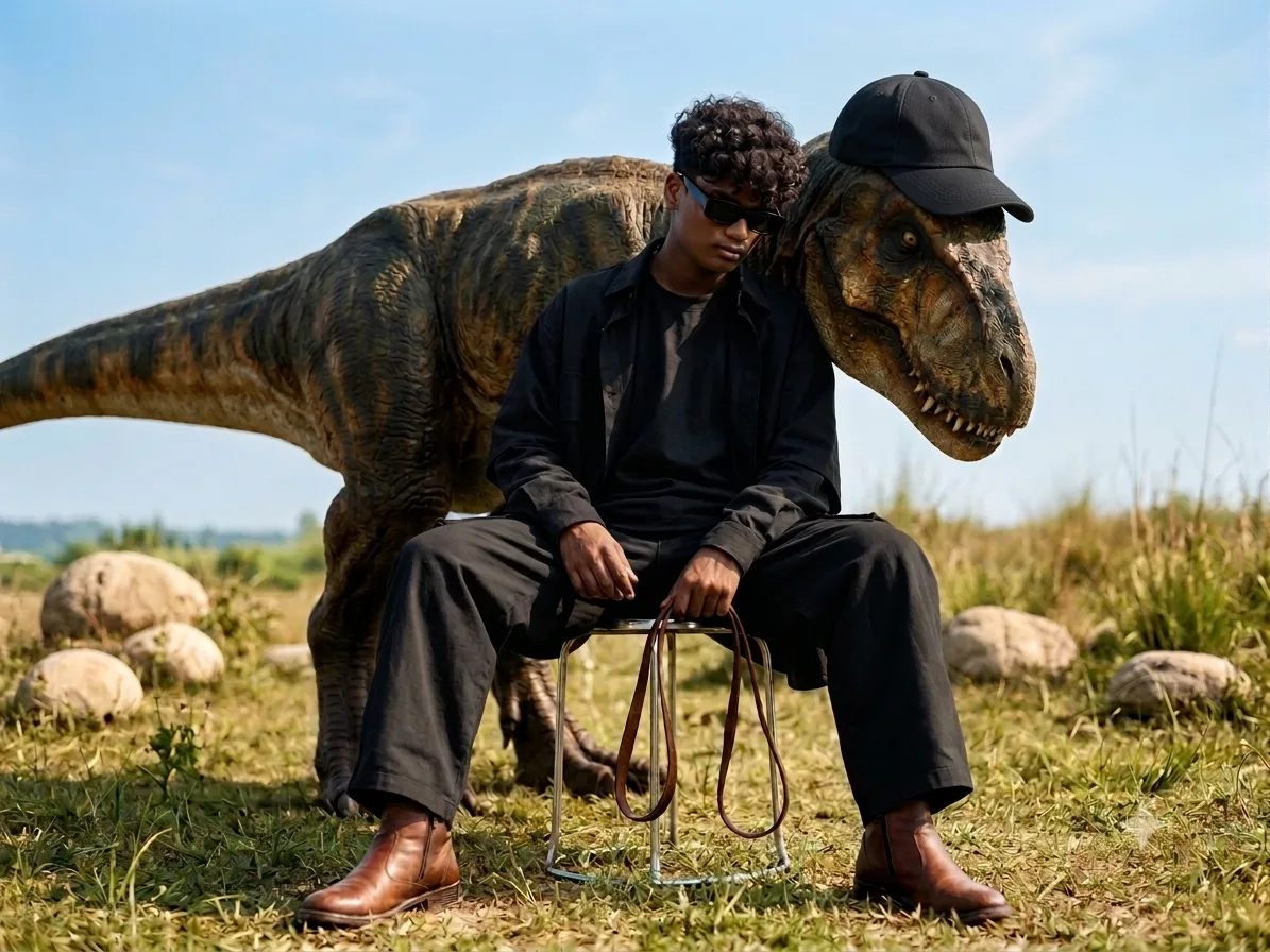 A cinematic, ultra-realistic photograph of a young man sitting casually on a small metal stool in an open grassy field.