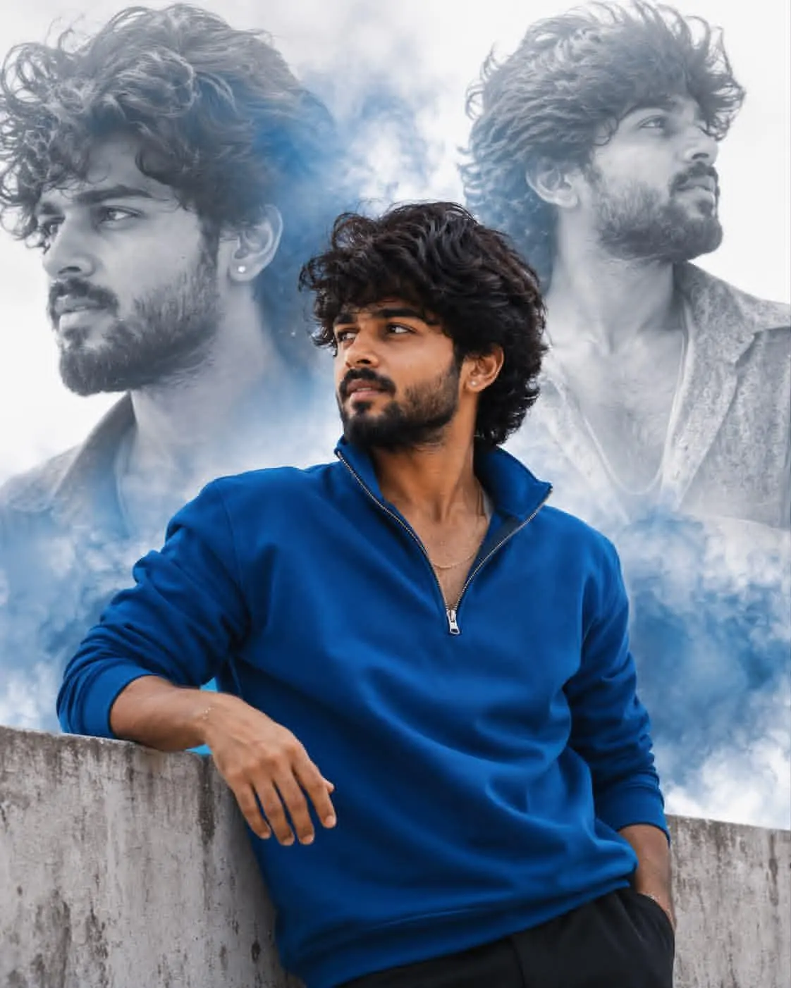Prompt Ultra-realistic cinematic fashion portrait, young Indian man with thick messy side-swept black hair, groomed beard, warm brown skin,