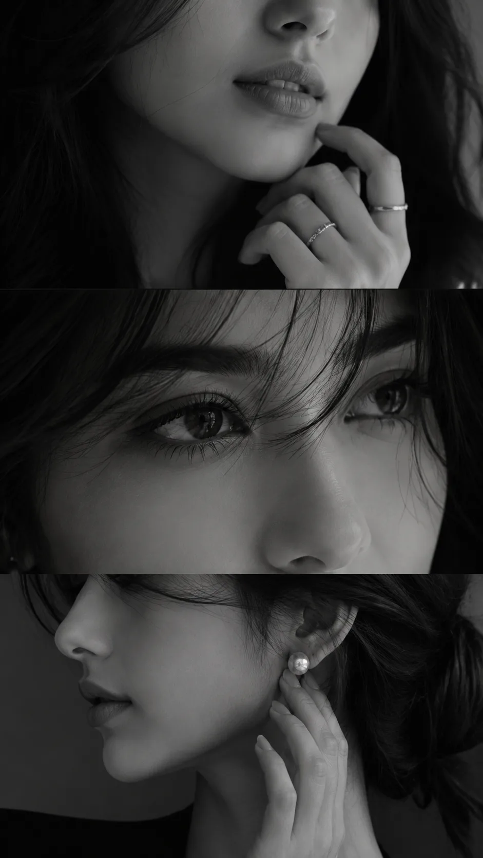 Elegant black-and-white studio editorial of a young woman, vertical 9:16 layout in three panels, minimalist and high-fashion in mood,